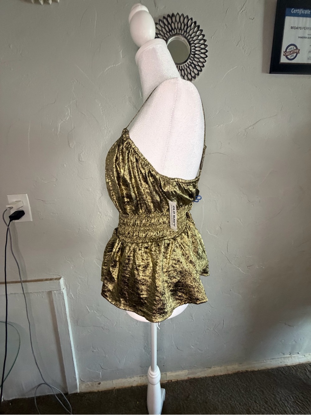 Old Navy Metallic Gold Smocked Peplum Cami - Picture 2 of 3